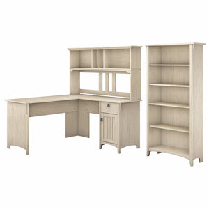 Bush Furniture Salinas 60W L Shaped Desk with Hutch and 5 Shelf Bookcase | Antique White