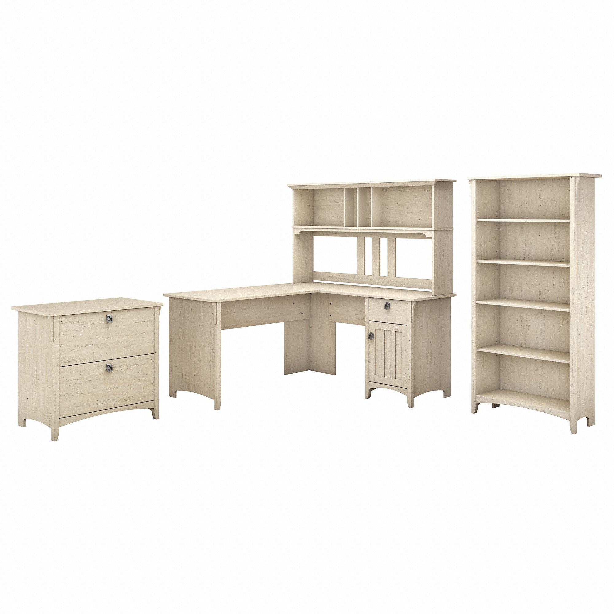 Bush Furniture Salinas 60W L Shaped Desk with Hutch, Lateral File Cabinet and 5 Shelf Bookcase | Antique White