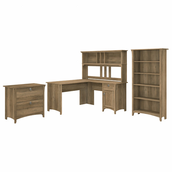 Bush Furniture Salinas 60W L Shaped Desk with Hutch, Lateral File Cabinet and 5 Shelf Bookcase | Reclaimed Pine