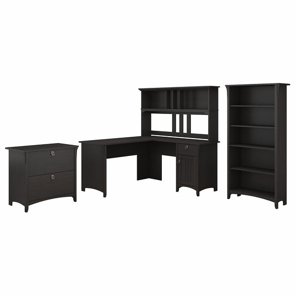 Bush Furniture Salinas 60W L Shaped Desk with Hutch, Lateral File Cabinet and 5 Shelf Bookcase | Vintage Black