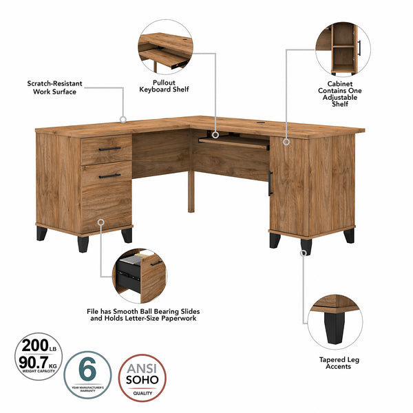 Bush Furniture Somerset 60W L Shaped Desk with Hutch | Fresh Walnut