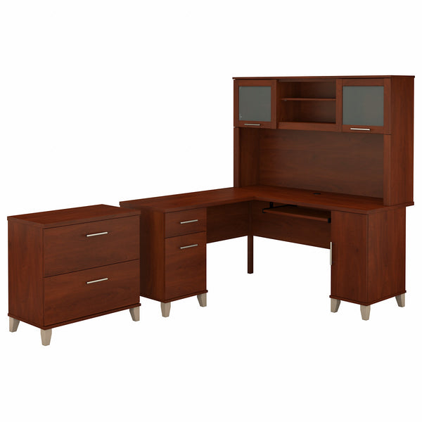 Bush Furniture Somerset 60W L Shaped Desk with Hutch and Lateral File Cabinet | Hansen Cherry
