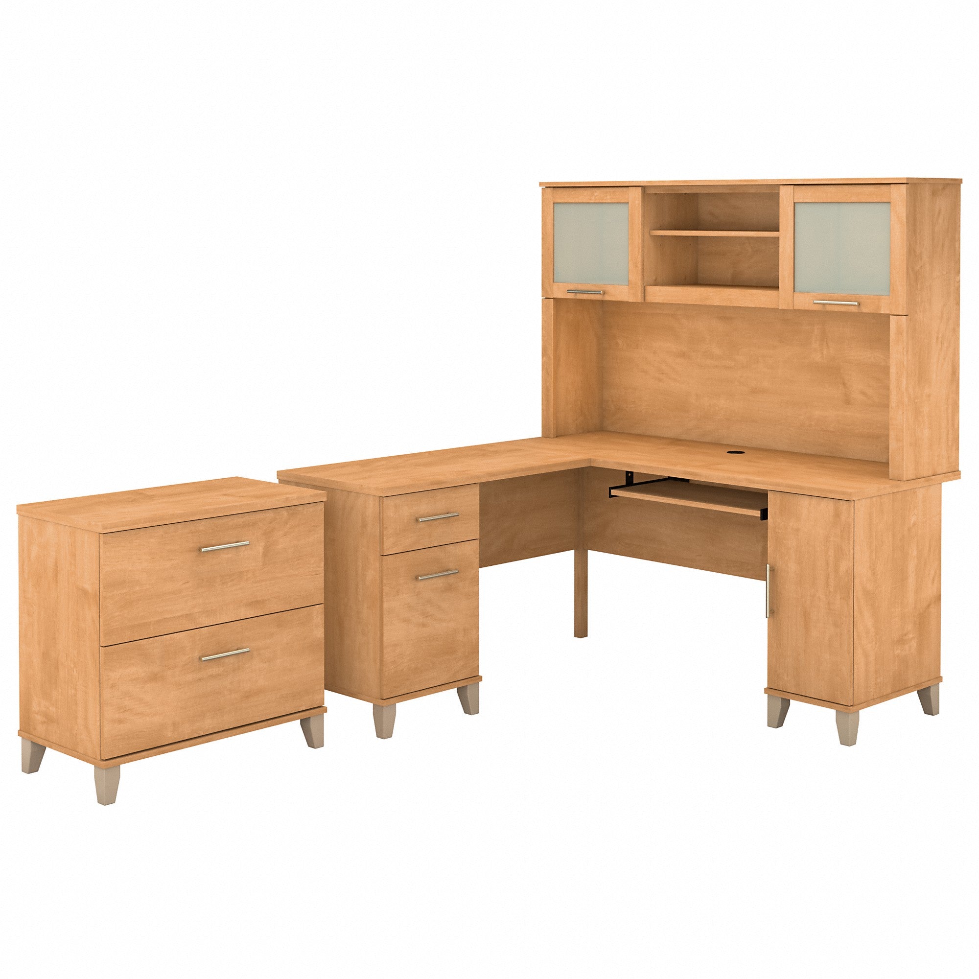 Bush Furniture Somerset 60W L Shaped Desk with Hutch and Lateral File Cabinet | Maple Cross