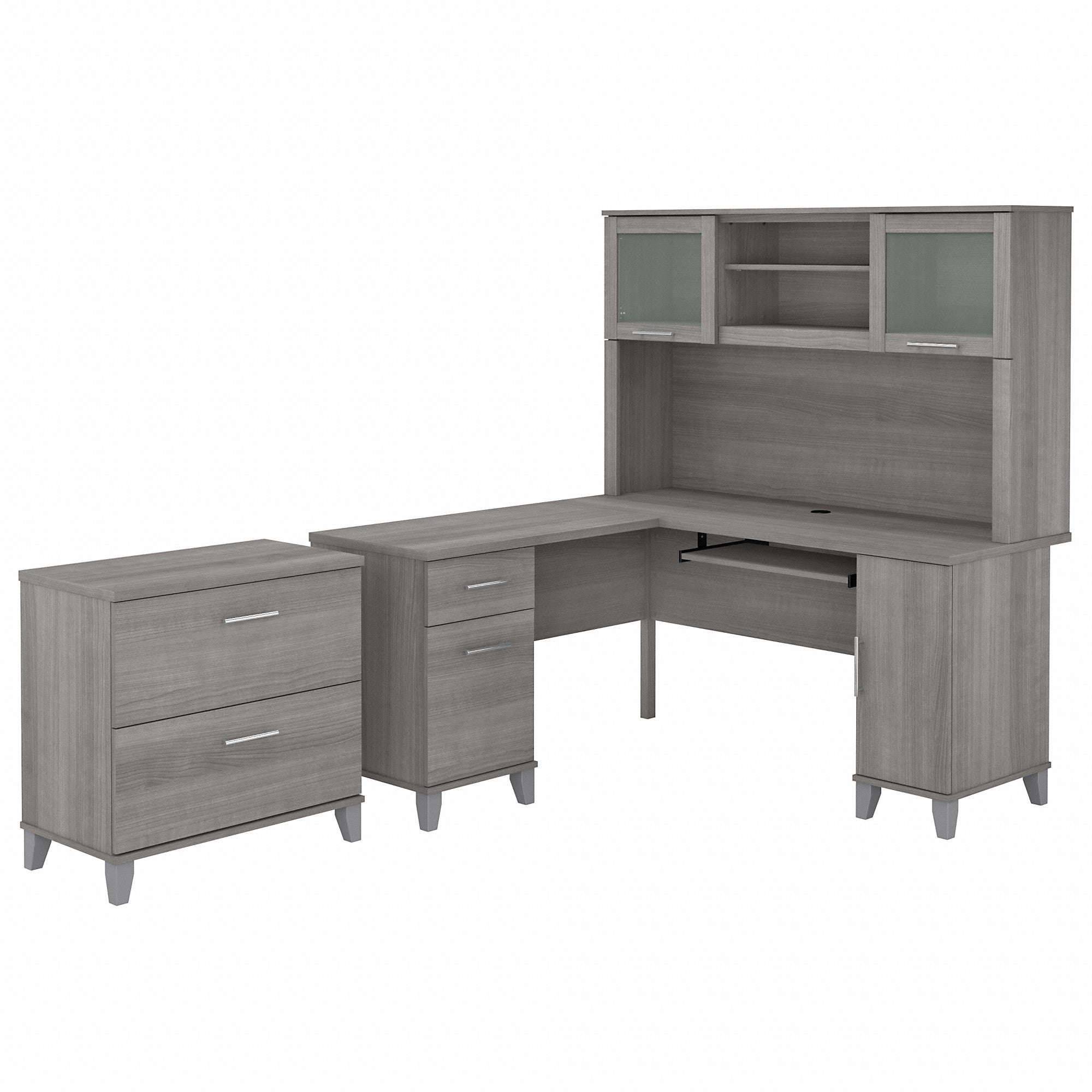 Bush Furniture Somerset 60W L Shaped Desk with Hutch and Lateral File Cabinet | Platinum Gray