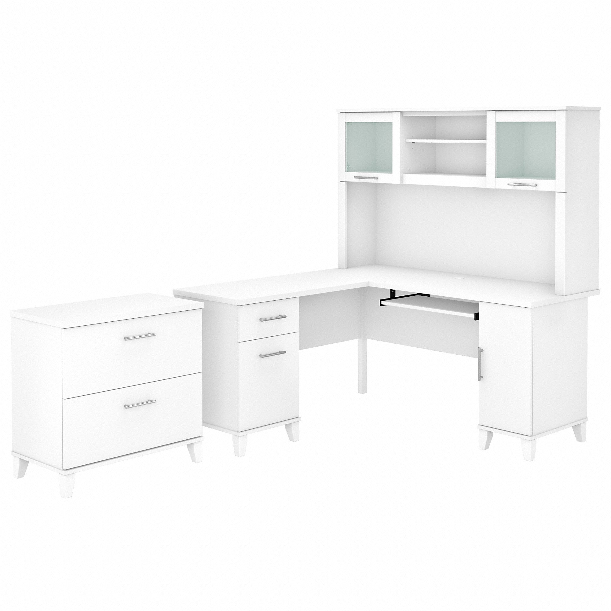 Bush Furniture Somerset 60W L Shaped Desk with Hutch and Lateral File Cabinet | White