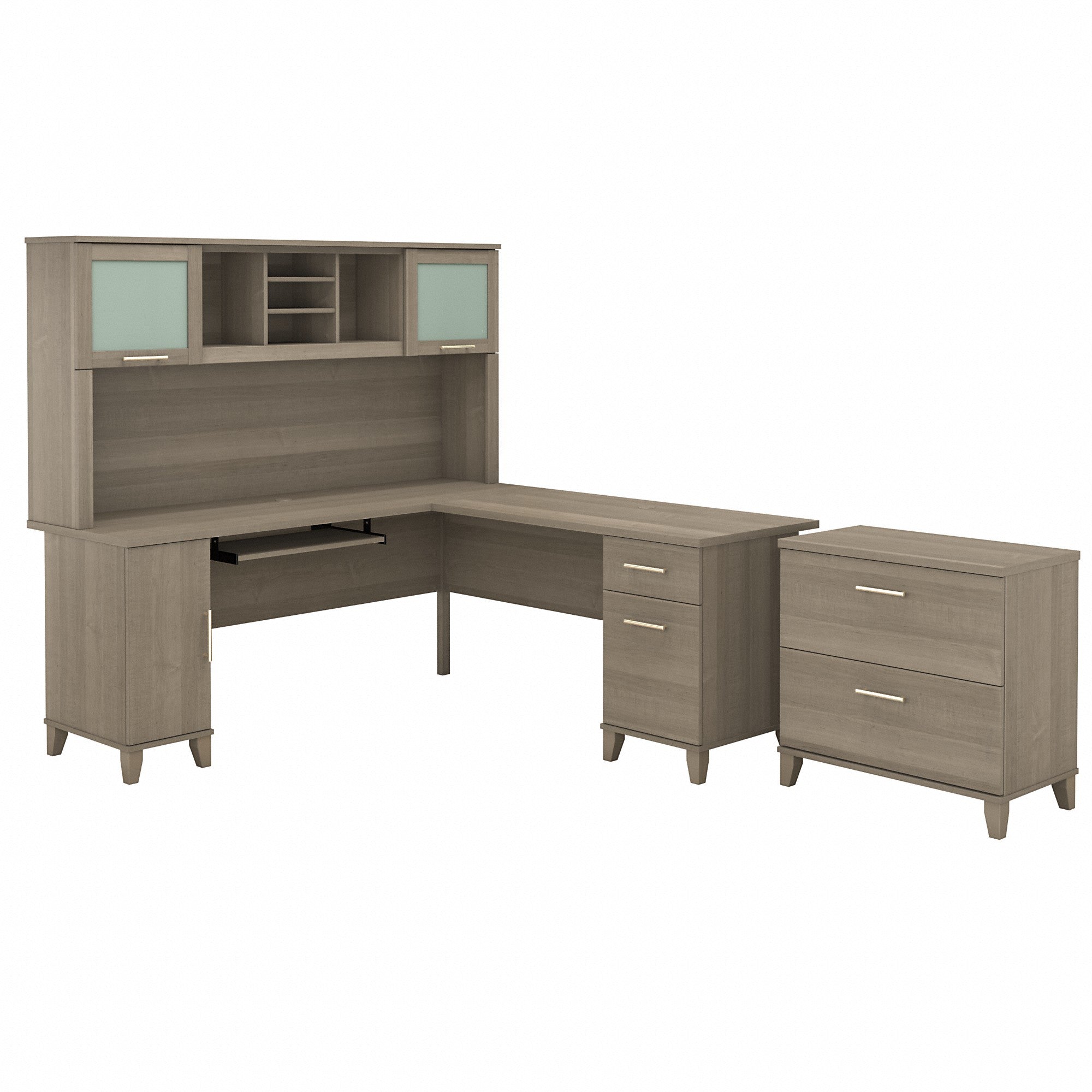 Bush Furniture Somerset 72W L Shaped Desk with Hutch and Lateral File Cabinet | Ash Gray