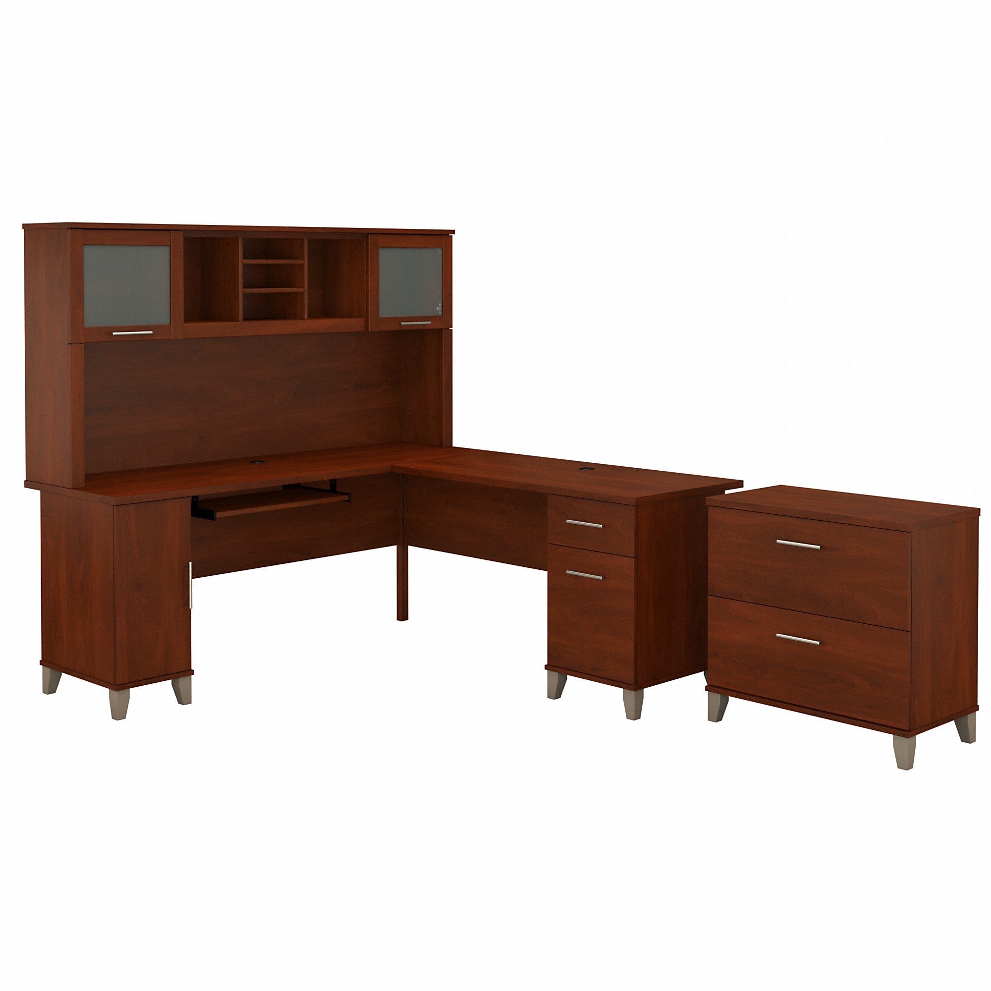 Bush Furniture Somerset 72W L Shaped Desk with Hutch and Lateral File Cabinet | Hansen Cherry