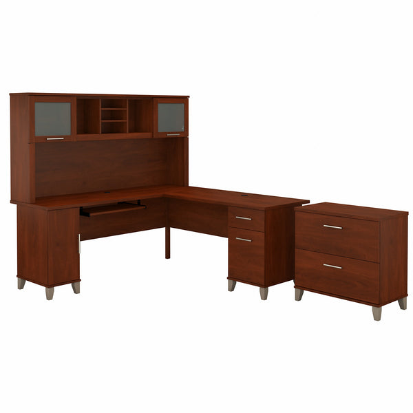 Bush Furniture Somerset 72W L Shaped Desk with Hutch and Lateral File Cabinet | Hansen Cherry