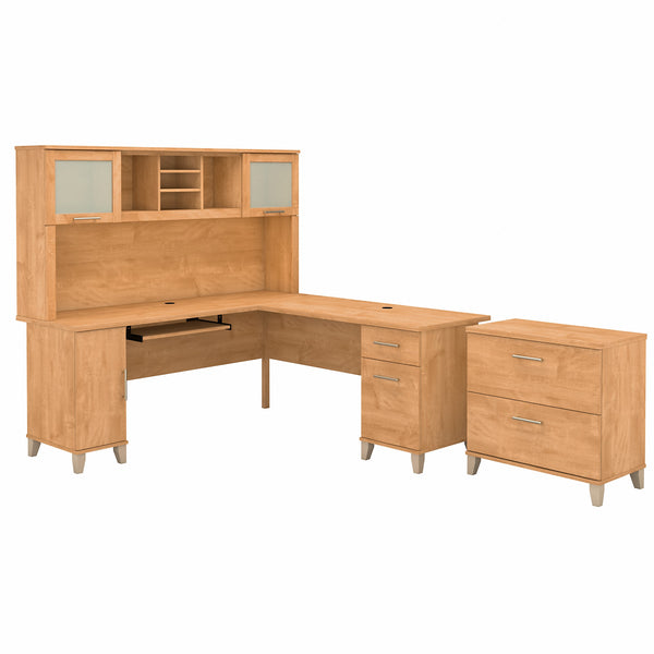 Bush Furniture Somerset 72W L Shaped Desk with Hutch and Lateral File Cabinet | Maple Cross