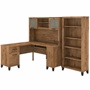 Bush Furniture Somerset 60W L Shaped Desk with Hutch and 5 Shelf Bookcase | Fresh Walnut