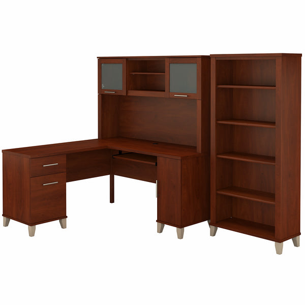 Bush Furniture Somerset 60W L Shaped Desk with Hutch and 5 Shelf Bookcase | Hansen Cherry