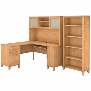 Bush Furniture Somerset 60W L Shaped Desk with Hutch and 5 Shelf Bookcase | Maple Cross