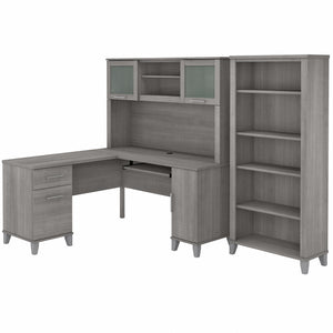 Bush Furniture Somerset 60W L Shaped Desk with Hutch and 5 Shelf Bookcase | Platinum Gray
