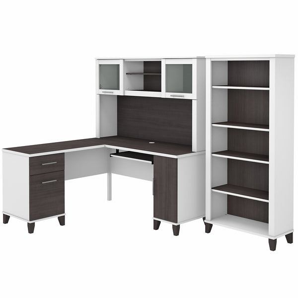 Bush Furniture Somerset 60W L Shaped Desk with Hutch and 5 Shelf Bookcase | Storm Gray/White