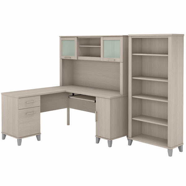 Bush Furniture Somerset 60W L Shaped Desk with Hutch and 5 Shelf Bookcase | Sand Oak