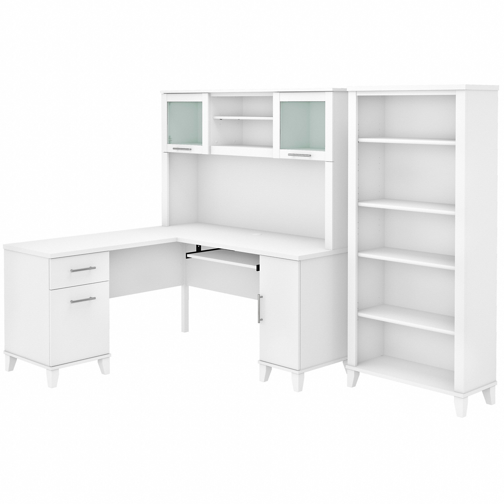 Bush Furniture Somerset 60W L Shaped Desk with Hutch and 5 Shelf Bookcase | White