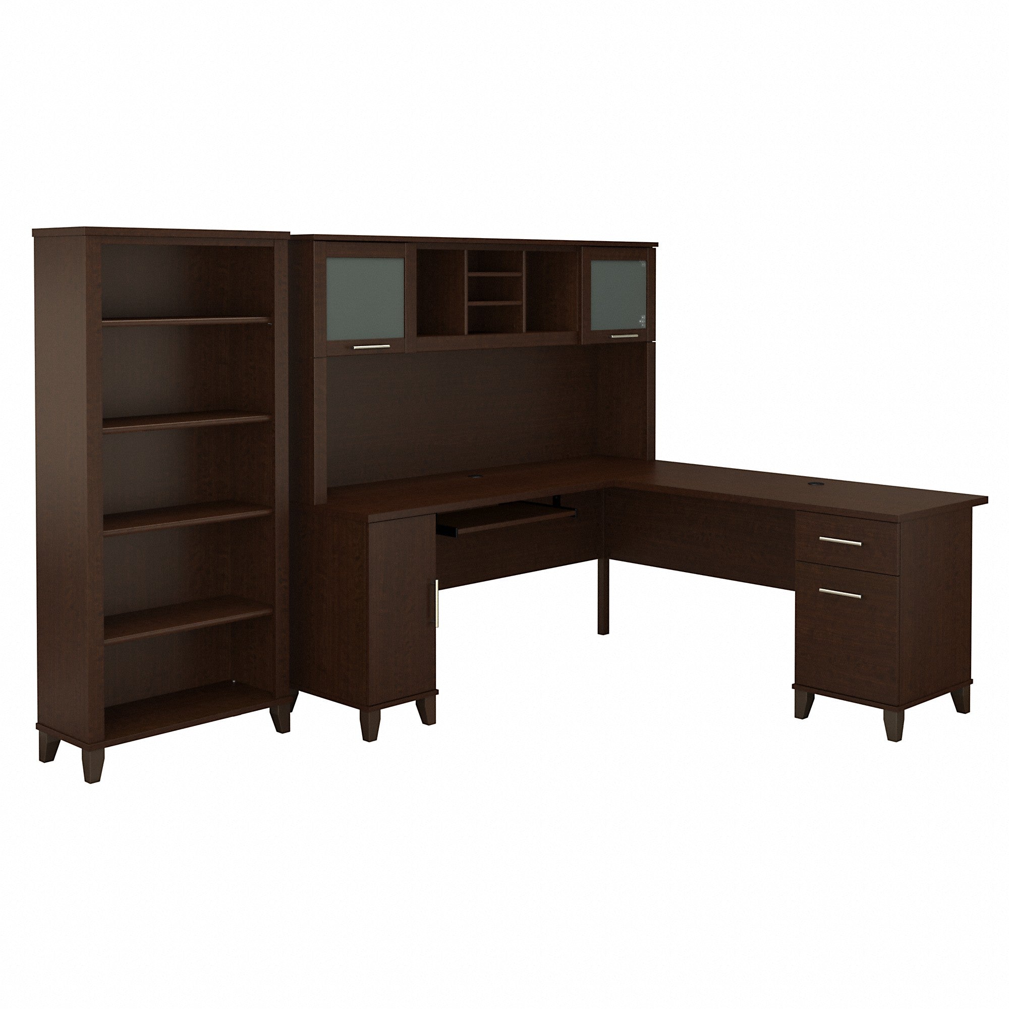 Bush Furniture Somerset 72W L Shaped Desk with Hutch and 5 Shelf Bookcase | Mocha Cherry