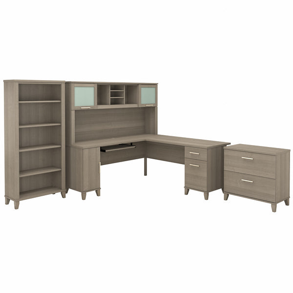 Bush Furniture Somerset 72W L Shaped Desk with Hutch, Lateral File Cabinet and Bookcase | Ash Gray