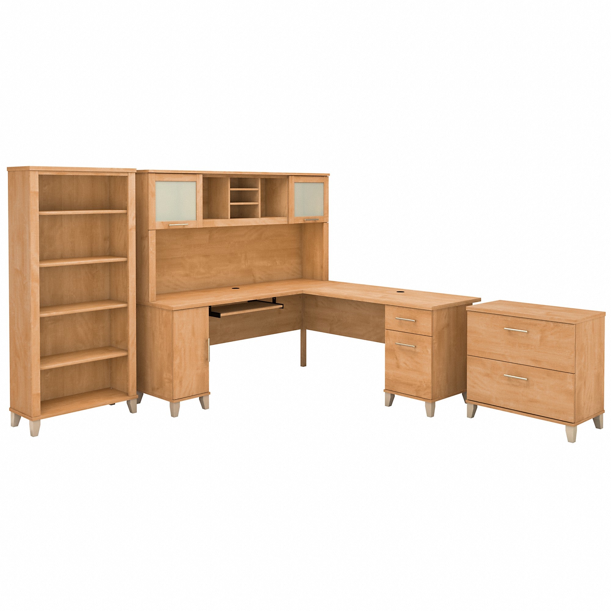 Bush Furniture Somerset 72W L Shaped Desk with Hutch, Lateral File Cabinet and Bookcase | Maple Cross