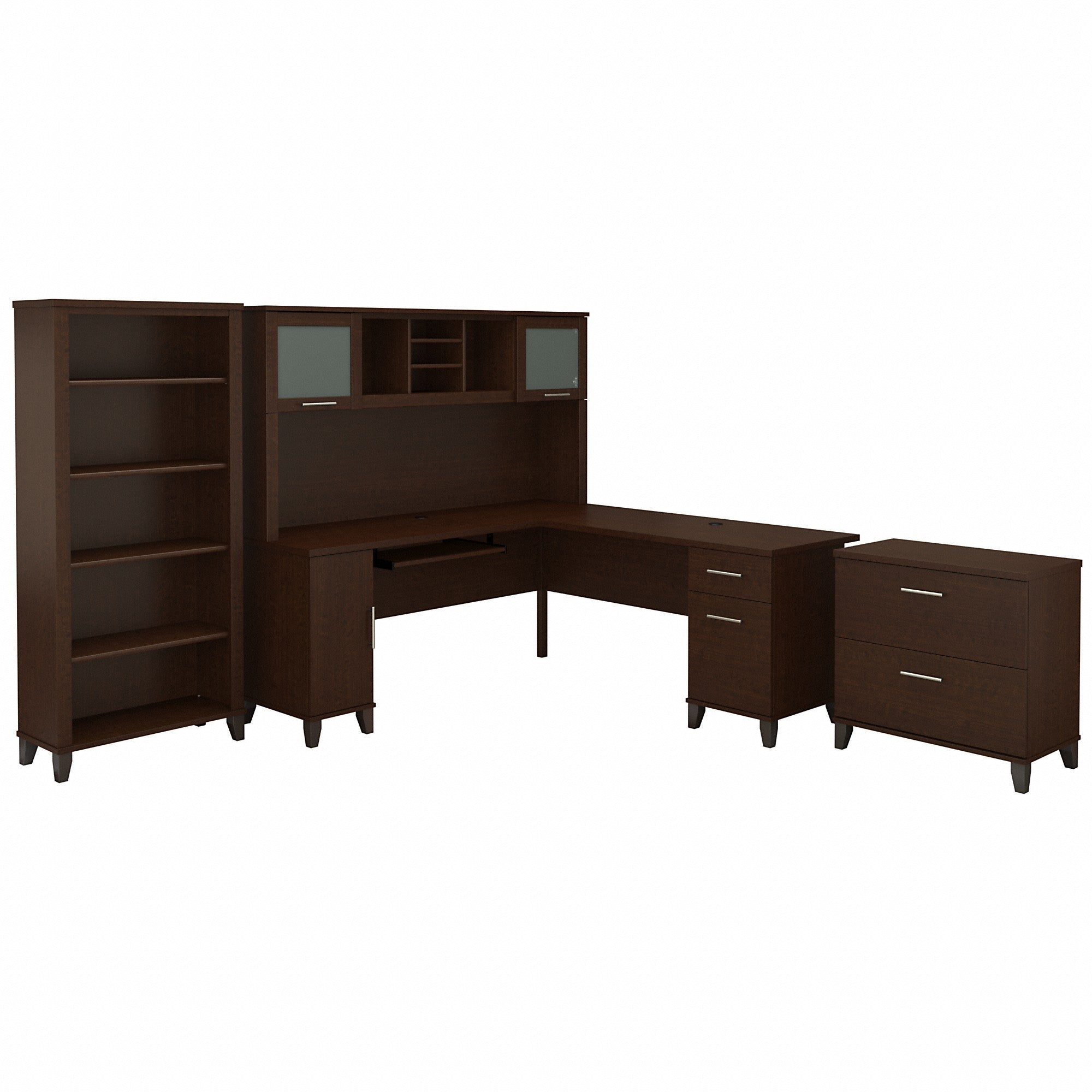 Bush Furniture Somerset 72W L Shaped Desk with Hutch, Lateral File Cabinet and Bookcase | Mocha Cherry