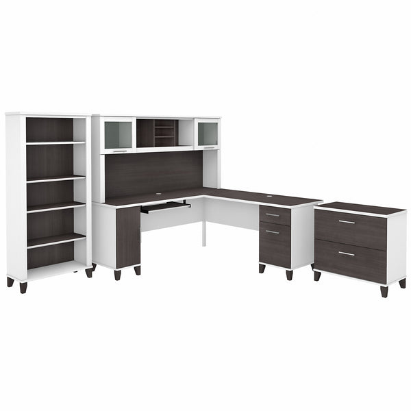 Bush Furniture Somerset 72W L Shaped Desk with Hutch, Lateral File Cabinet and Bookcase | Storm Gray/White