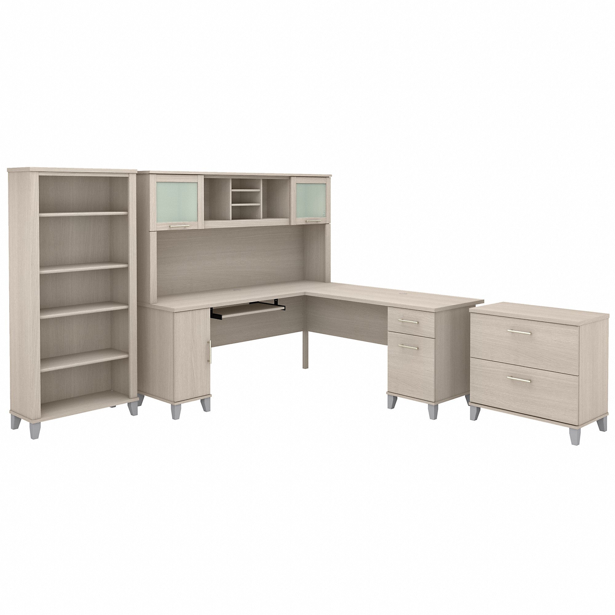Bush Furniture Somerset 72W L Shaped Desk with Hutch, Lateral File Cabinet and Bookcase | Sand Oak