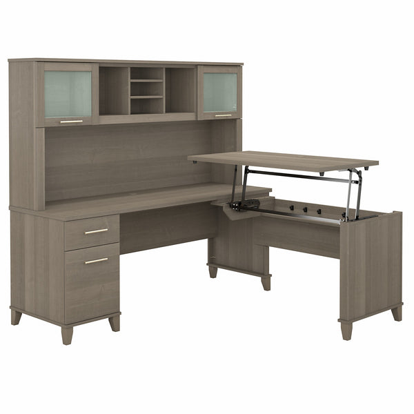 Bush Furniture Somerset 72W 3 Position Sit to Stand L Shaped Desk with Hutch | Ash Gray
