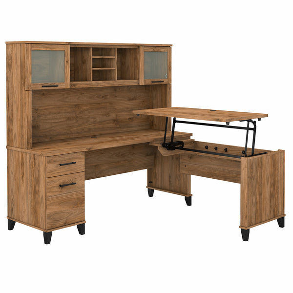 Bush Furniture Somerset 72W 3 Position Sit to Stand L Shaped Desk with Hutch | Fresh Walnut