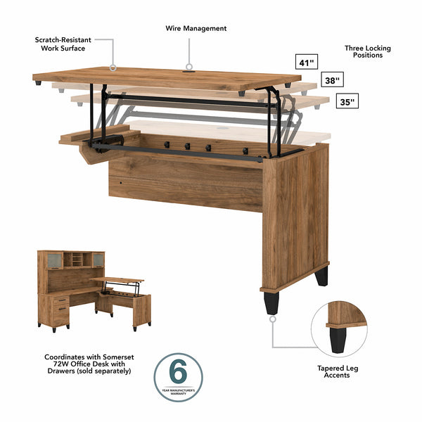 Bush Furniture Somerset 72W 3 Position Sit to Stand L Shaped Desk with Hutch | Fresh Walnut