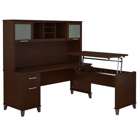 Bush Furniture Somerset 72W 3 Position Sit to Stand L Shaped Desk with Hutch | Mocha Cherry