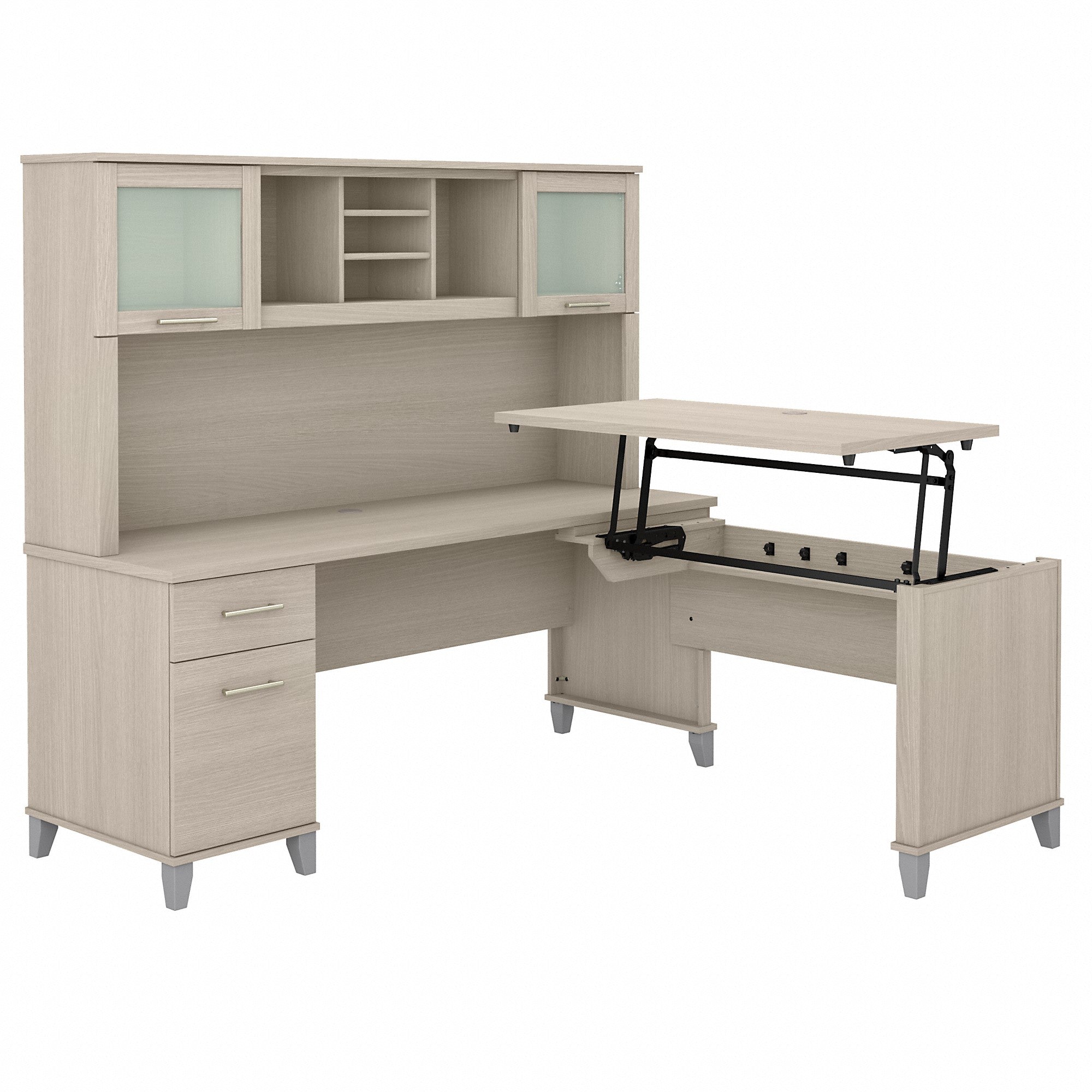 Bush Furniture Somerset 72W 3 Position Sit to Stand L Shaped Desk with Hutch | Sand Oak