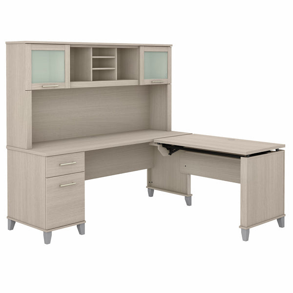 Bush Furniture Somerset 72W 3 Position Sit to Stand L Shaped Desk with Hutch | Sand Oak