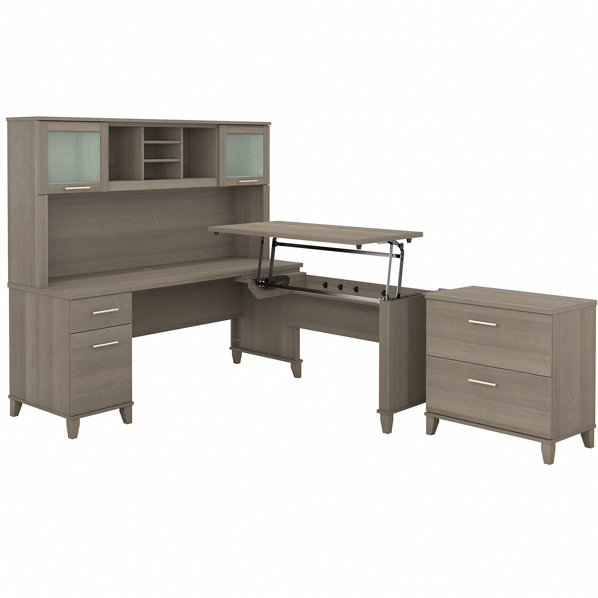 Bush Furniture Somerset 72W 3 Position Sit to Stand L Shaped Desk with Hutch and File Cabinet | Ash Gray