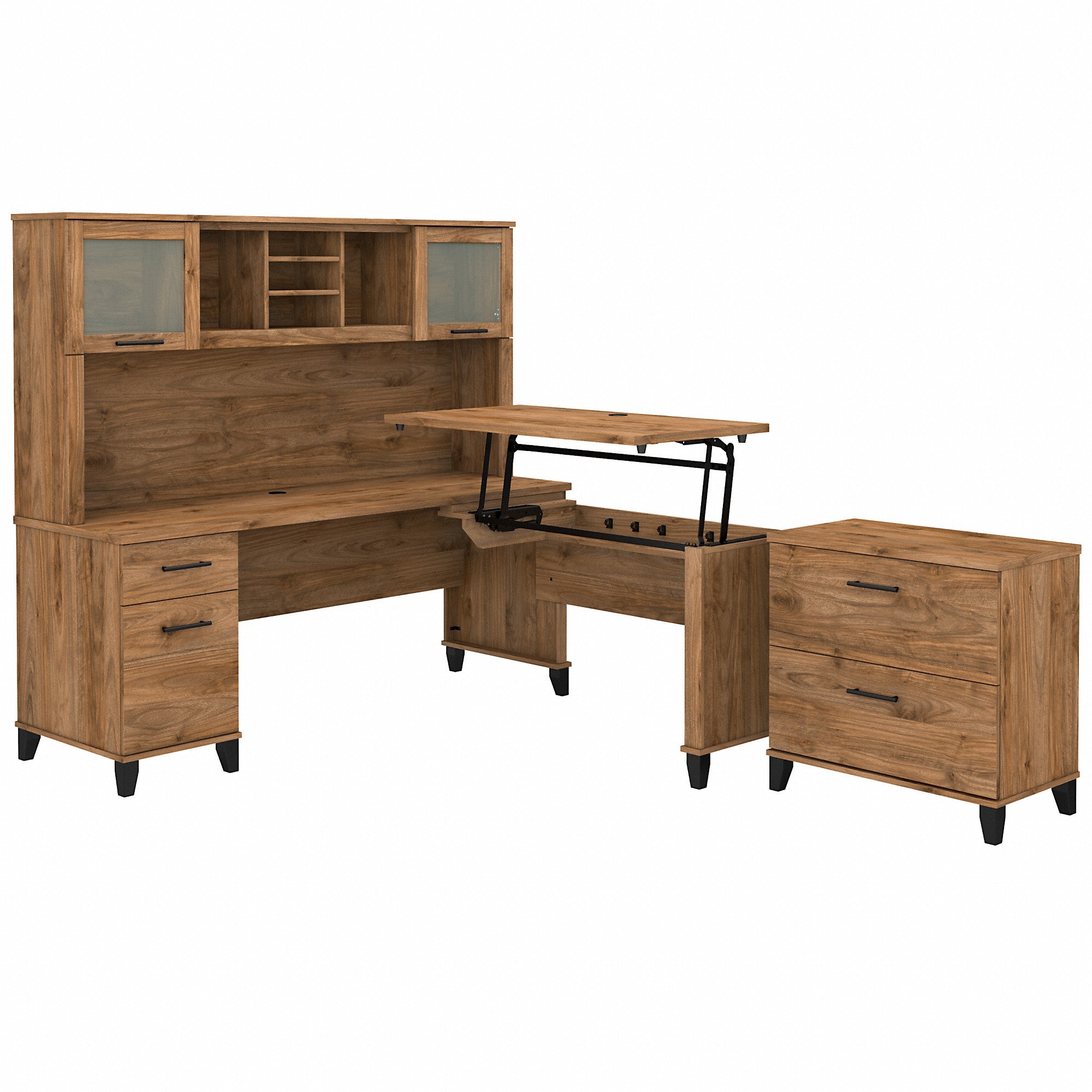 Bush Furniture Somerset 72W 3 Position Sit to Stand L Shaped Desk with Hutch and File Cabinet | Fresh Walnut