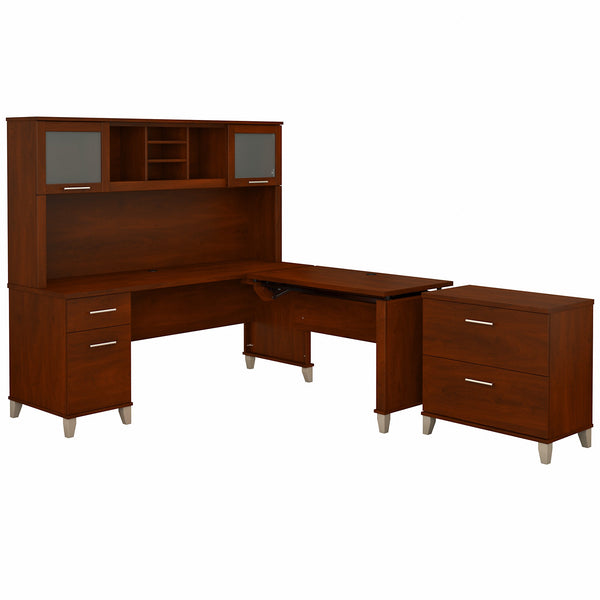 Bush Furniture Somerset 72W 3 Position Sit to Stand L Shaped Desk with Hutch and File Cabinet | Hansen Cherry
