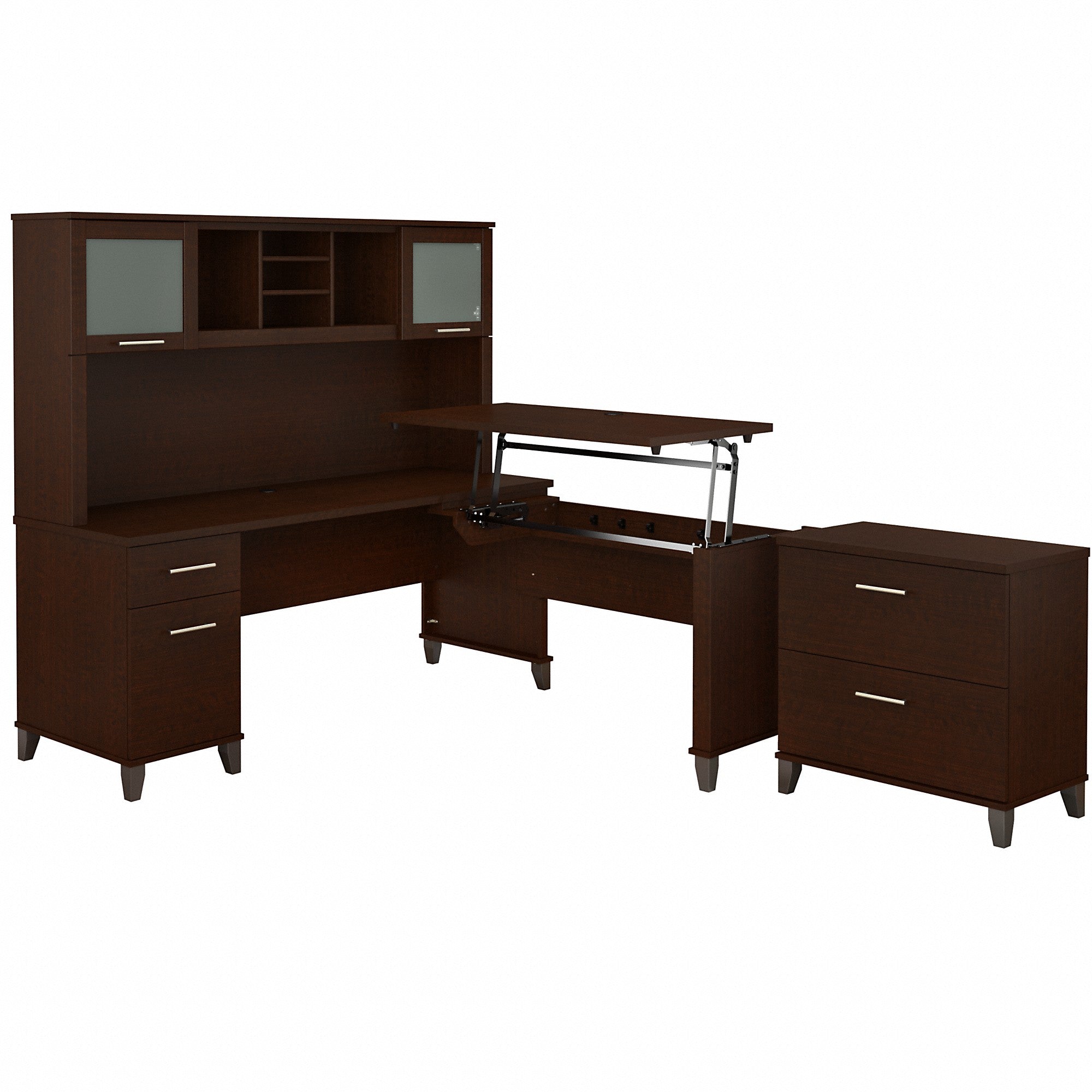 Bush Furniture Somerset 72W 3 Position Sit to Stand L Shaped Desk with Hutch and File Cabinet | Mocha Cherry