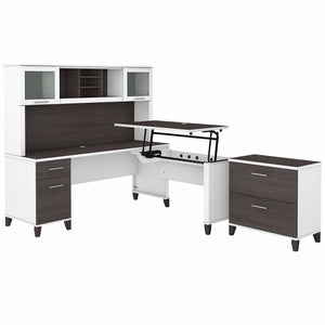 Bush Furniture Somerset 72W 3 Position Sit to Stand L Shaped Desk with Hutch and File Cabinet | Storm Gray/White
