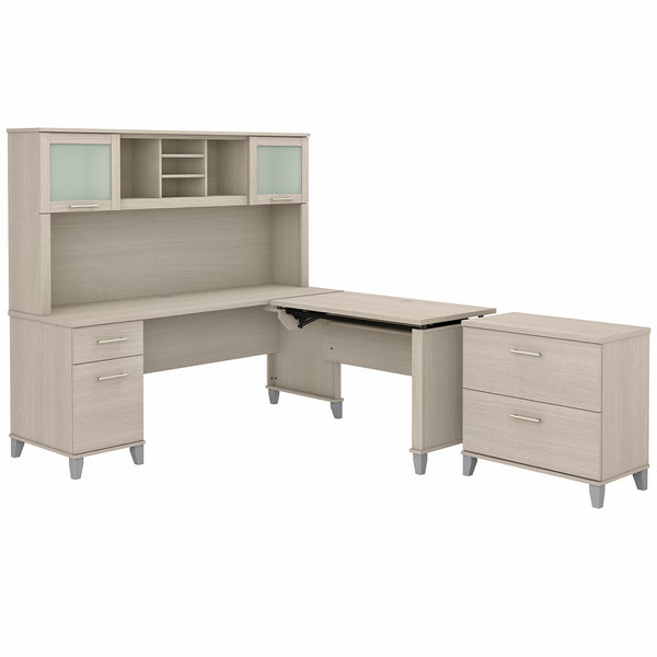 Bush Furniture Somerset 72W 3 Position Sit to Stand L Shaped Desk with Hutch and File Cabinet | Sand Oak