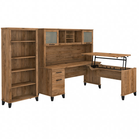 Bush Furniture Somerset 72W 3 Position Sit to Stand L Shaped Desk with Hutch and Bookcase | Fresh Walnut