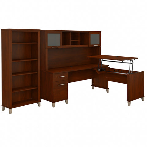 Bush Furniture Somerset 72W 3 Position Sit to Stand L Shaped Desk with Hutch and Bookcase | Hansen Cherry