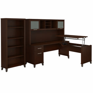 Bush Furniture Somerset 72W 3 Position Sit to Stand L Shaped Desk with Hutch and Bookcase | Mocha Cherry