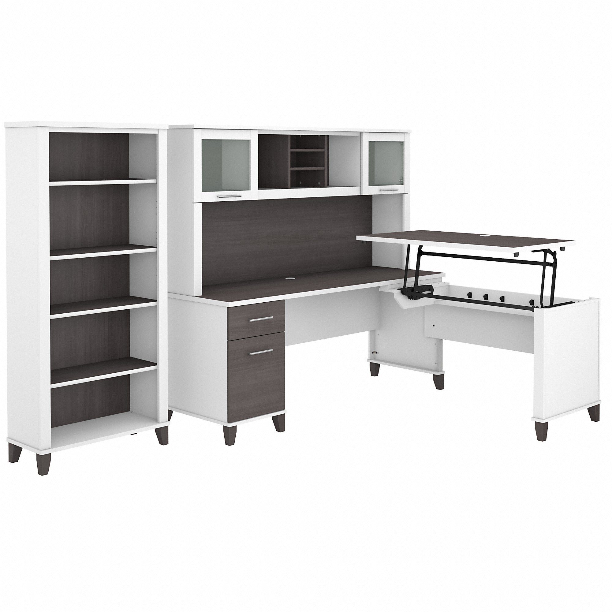 Bush Furniture Somerset 72W 3 Position Sit to Stand L Shaped Desk with Hutch and Bookcase | Storm Gray/White