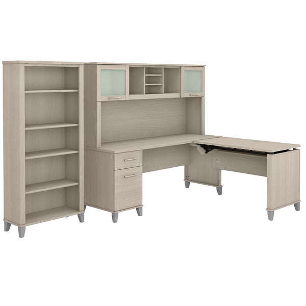 Bush Furniture Somerset 72W 3 Position Sit to Stand L Shaped Desk with Hutch and Bookcase | Sand Oak