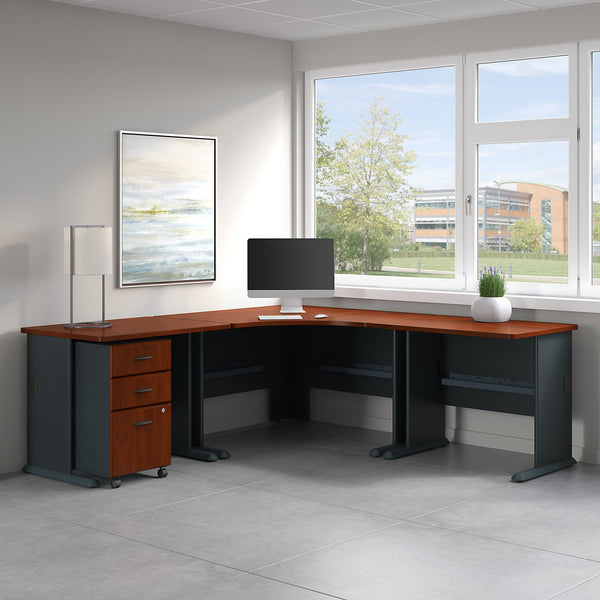 Bush Business Furniture Series A 84W x 84D Corner Desk with Mobile File Cabinet | Hansen Cherry/Galaxy