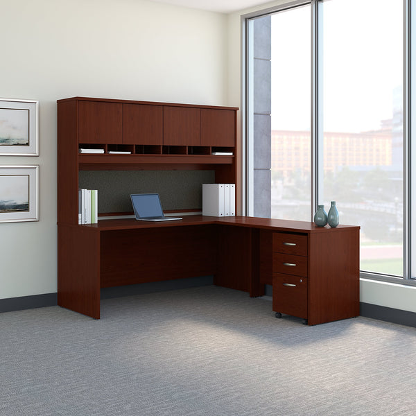 Bush Business Furniture Series C 72W L Shaped Desk with Hutch and Mobile File Cabinet | Mahogany
