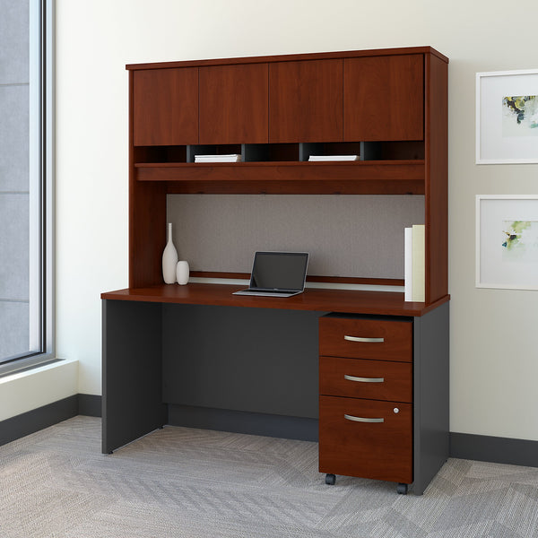 Bush Business Furniture Series C 60W x 24D Office Desk with Hutch and Mobile File Cabinet | Hansen Cherry