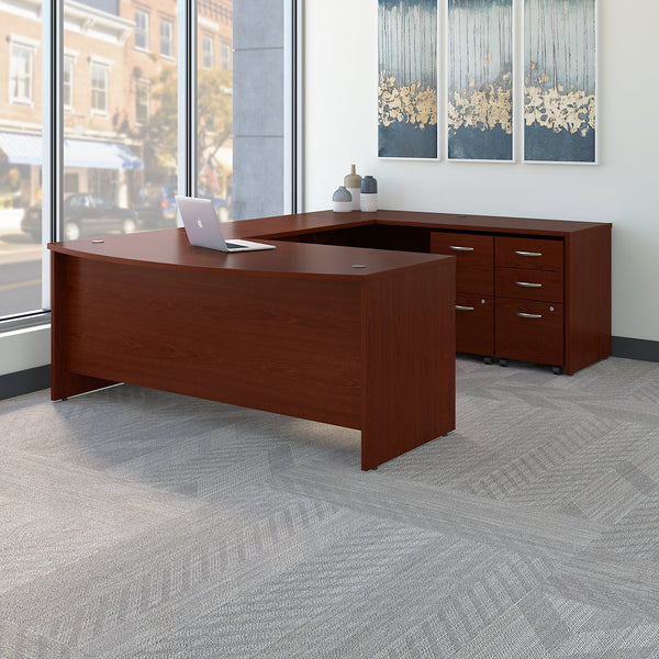 Bush Business Furniture Series C 72W x 36D Bow Front U Shaped Desk with Mobile File Cabinets | Mahogany