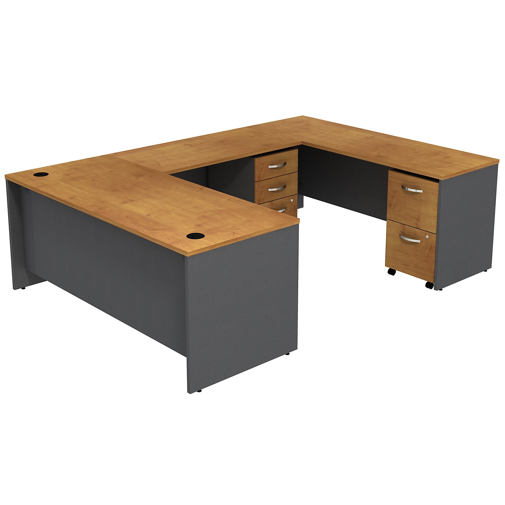 Bush Business Furniture Series C U Shaped Desk with 2 Mobile Pedestals | Natural Cherry/Graphite Gray