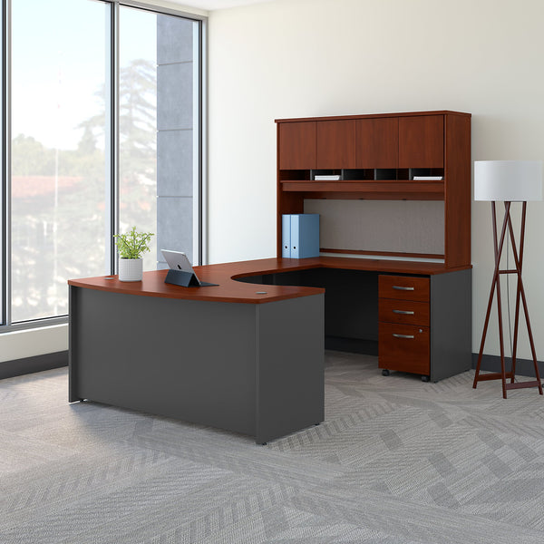 Bush Business Furniture Series C 60W Right Handed Bow Front U Shaped Desk with Hutch and Storage | Hansen Cherry/Graphite Gray