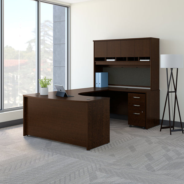 Bush Business Furniture Series C 60W Right Handed Bow Front U Shaped Desk with Hutch and Storage | Mocha Cherry